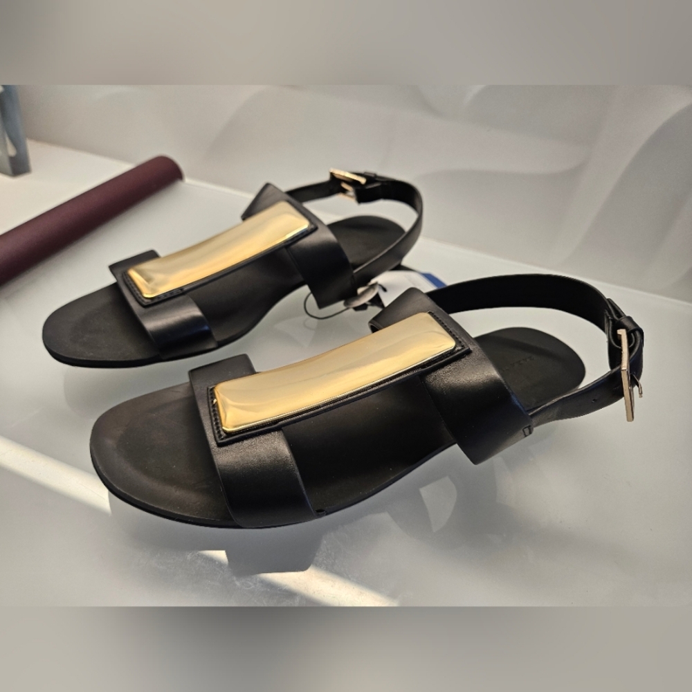 Zara Faux Leather Flat Sandals US 6.5 Black / Gold